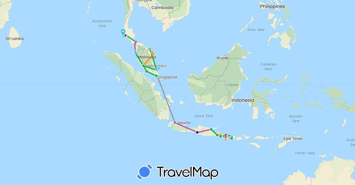 TravelMap itinerary: driving, bus, plane, train, hiking, boat, hitchhiking, motorbike in Indonesia, Malaysia, Singapore (Asia)